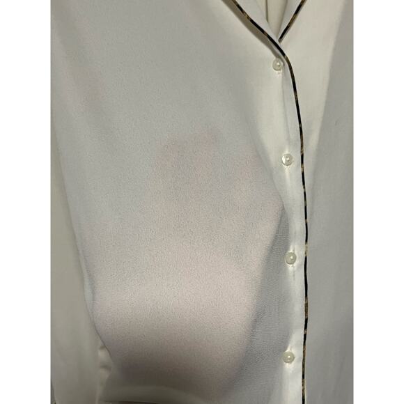 Womens Zara Sheer Button Down Cream Blouse Black Brown Fabric Trim Shirt Size XS - Picture 5 of 6